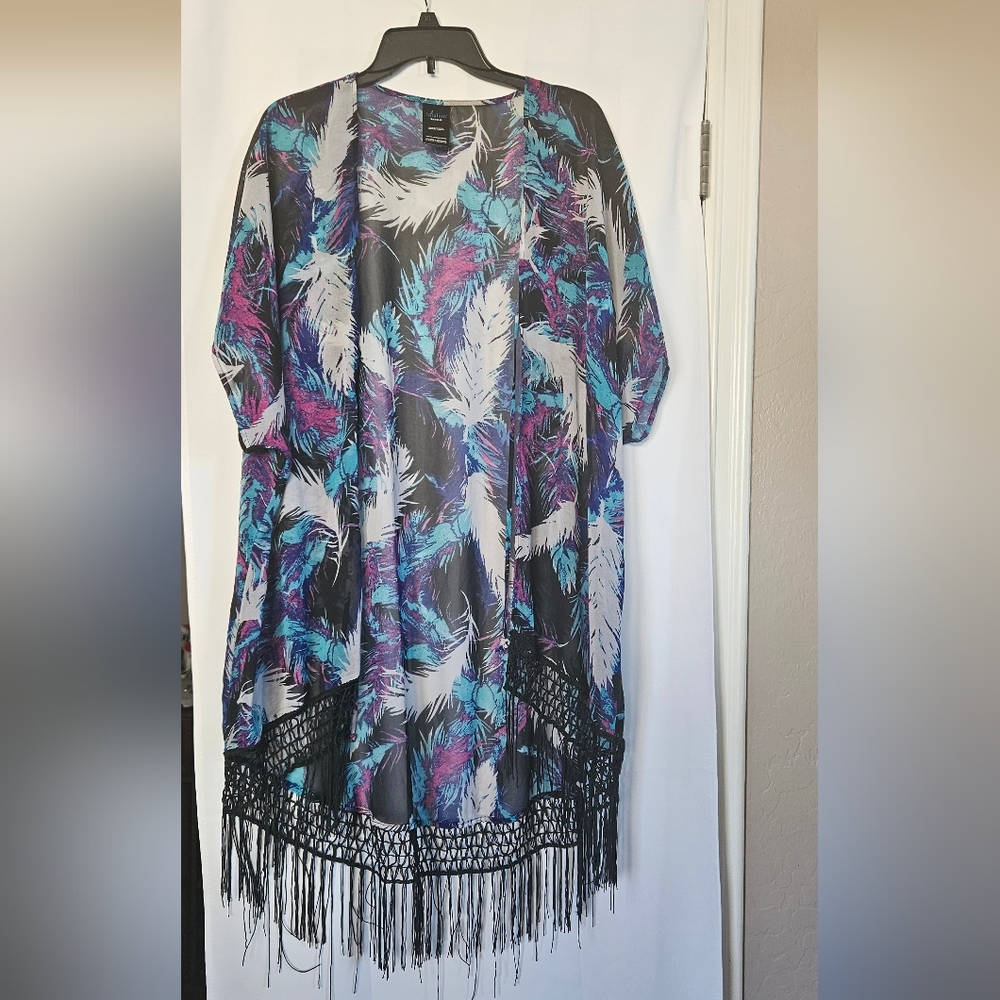 Catalina Womens Fringe Short Sleeve Swimsuit‎ Coverup Kimono